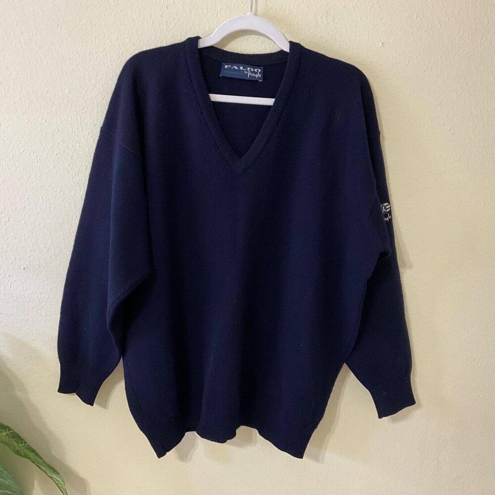 Faldo by Pringle Sweater Mens size L Blue 100% Lambswool V-Neck Jumper Golf